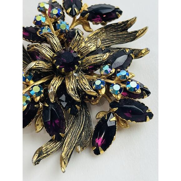 Vintage Unsigned Selro Selini Purple Rhinestone Brooch AB Flower Spray Lapel Pin - Picture 8 of 14